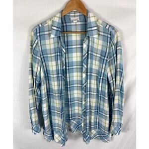 J Jill Blue Plaid Button Down Shirt Size Medium